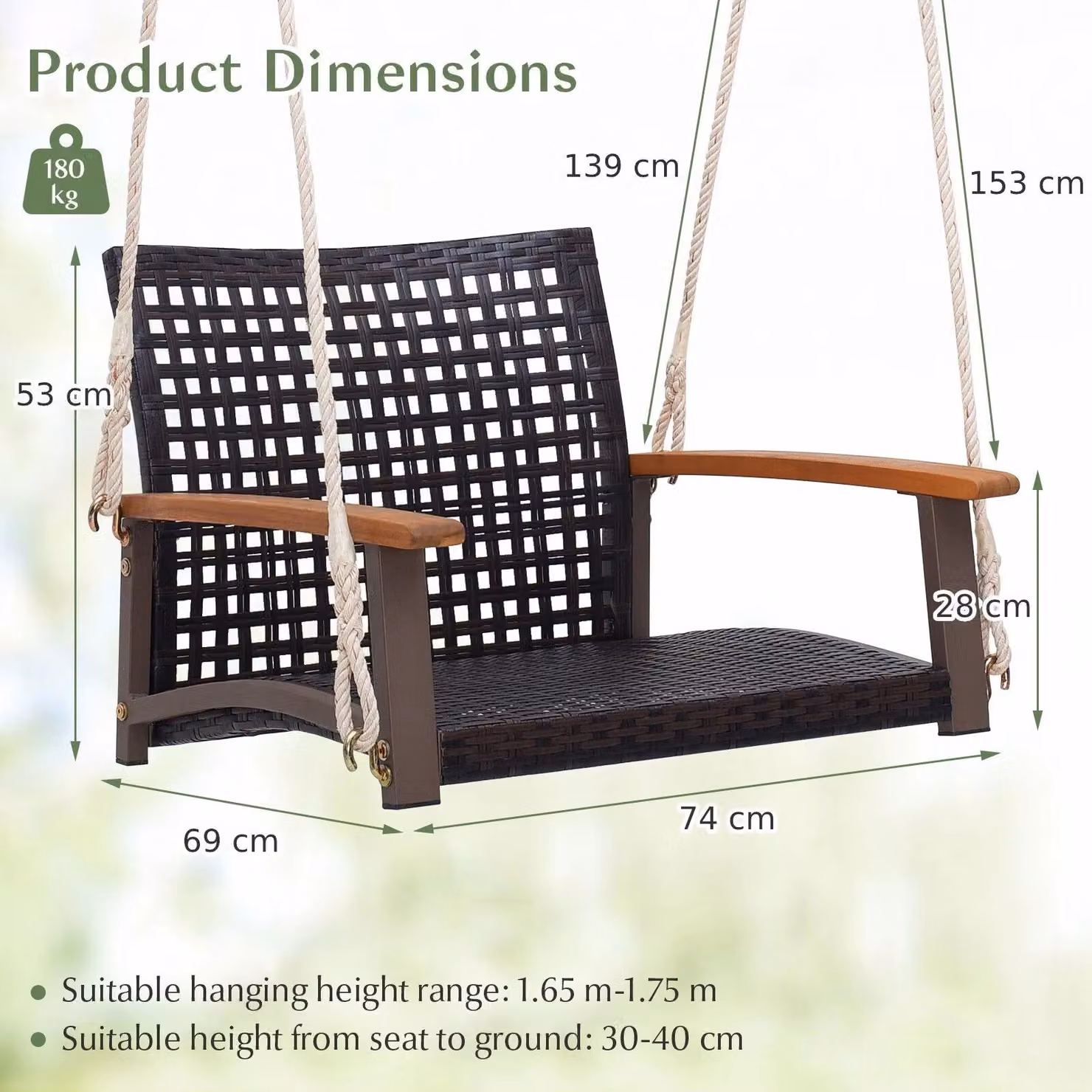 Costway Brown Rattan Single Hanging Porch Swing for Outdoor Garden and Terrace – 2