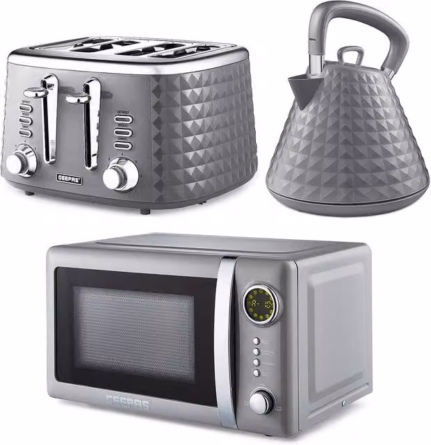 Geepas Grey Kitchen Appliance Set including 1.5L Pyramid Electric Kettle, 4 Slice Bread Toaster and 20L Digital Microwave