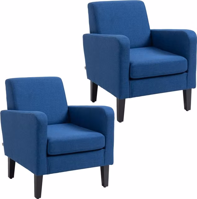 HOMCOM Set of 2 Modern Blue Upholstered Accent Armchairs with Rubberwood Legs
