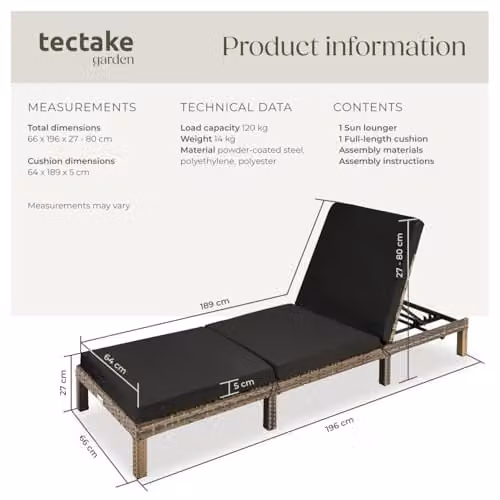 tectake Luxury Rattan Garden Sun Lounger with 6 Adjustable Backrest Positions and Comfortable Padding in Natural – 3
