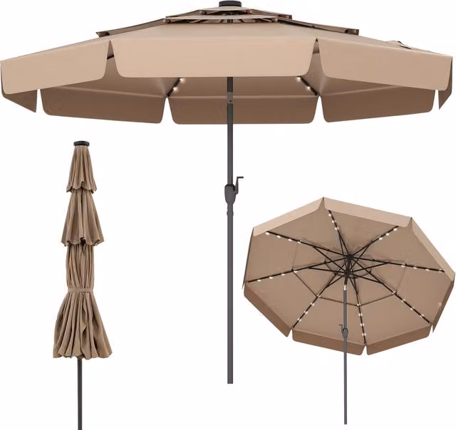 Costway Solar Patio Umbrella with 32 LED Lights, Brown, Diameter: 295 cm