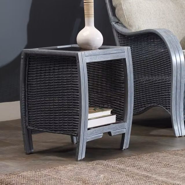 Desser Grey Rattan and Glass Square Side Table