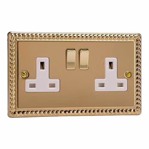 Varilight Double Switched Flush Socket in Gold and White with Brass Plate – 1