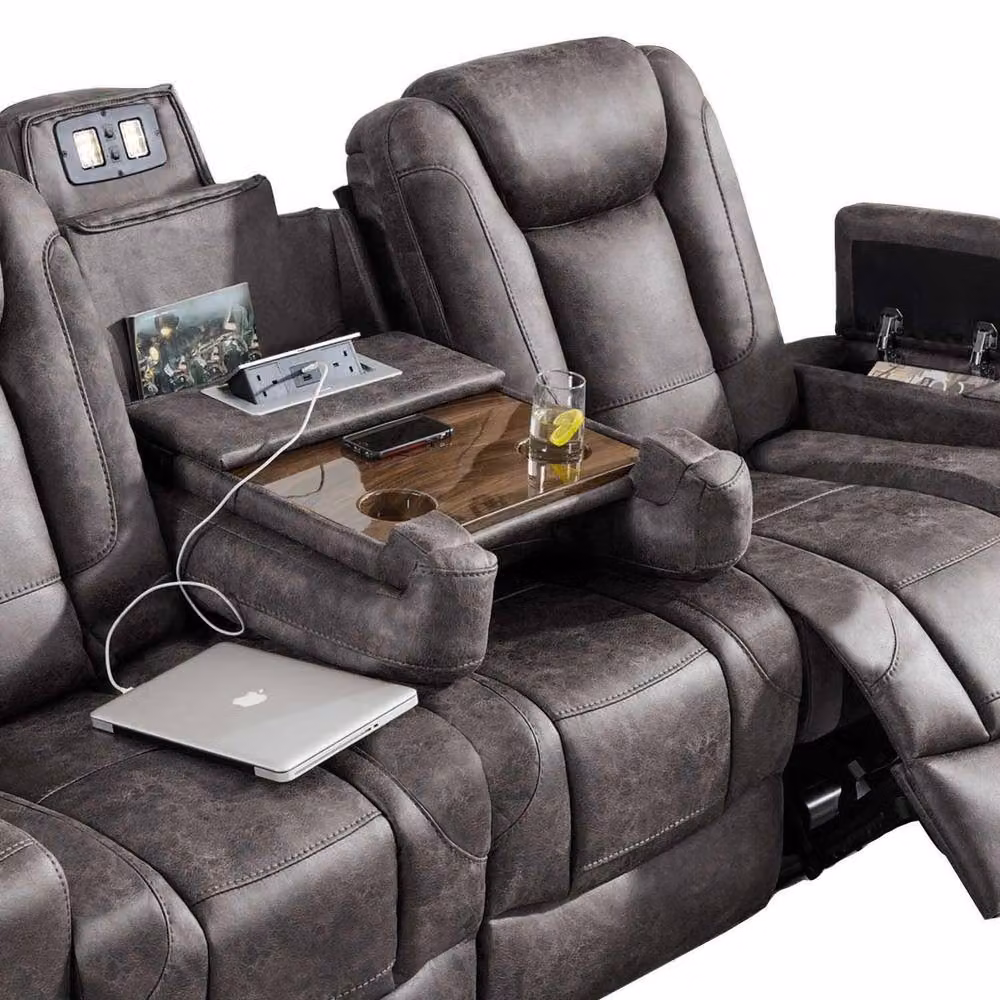 Furnishings For Less UK Juniper Grey Microfibre Electric Recliner Sofa Set (3+1+1) with USB Charging, Cup Holders and LED Lighting – 4