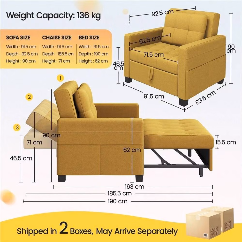 PAWNORA 3-in-1 Convertible Sleeper Chair Bed in Yellow – 2