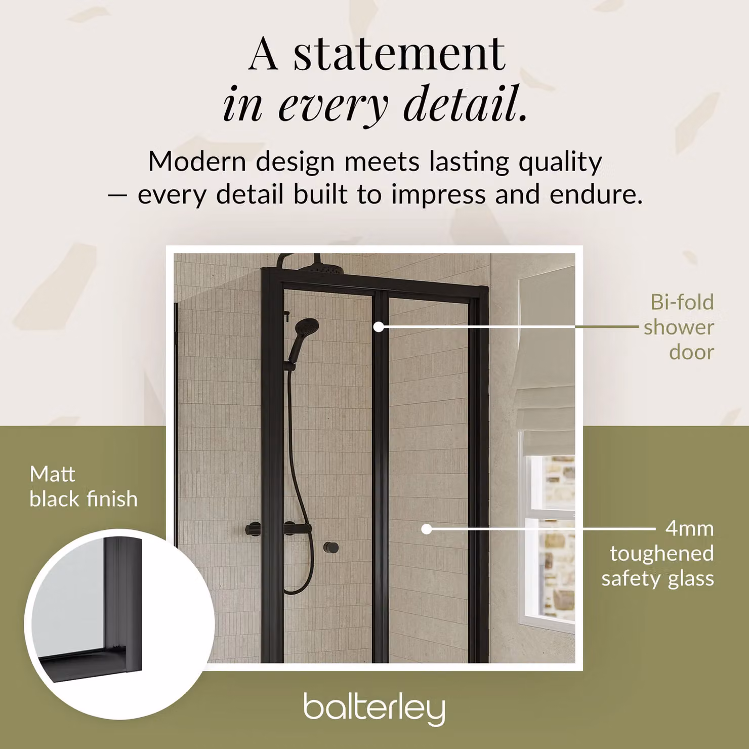 Balterley Ruwa Square Corner Shower Enclosure with Bi-Fold Door, Side Panel and Tray, Black, W/D: 900 x 900 mm, 4mm Glass – 4