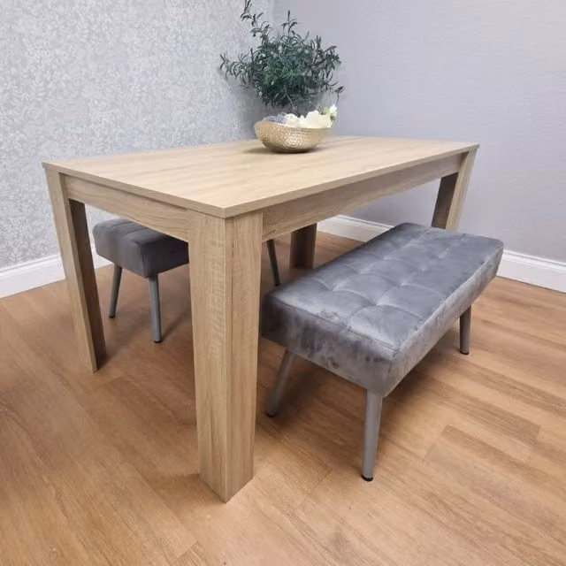 Kosy Koala Dining Furniture Set with Oak Effect Rectangular Table and 2 Grey Velvet Benches in Brown