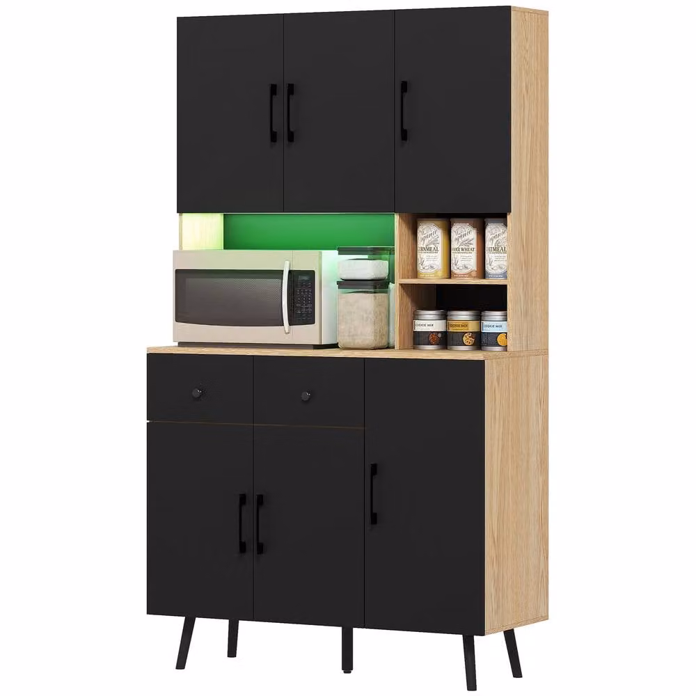 STILVORA Modern Tall Kitchen Cupboard with Integrated LED Lighting in Black and Oak Effect – 3