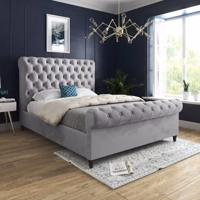Venezia Sleigh Velvet Upholstered Bed Frame in Grey, Single (90 x 200 cm)