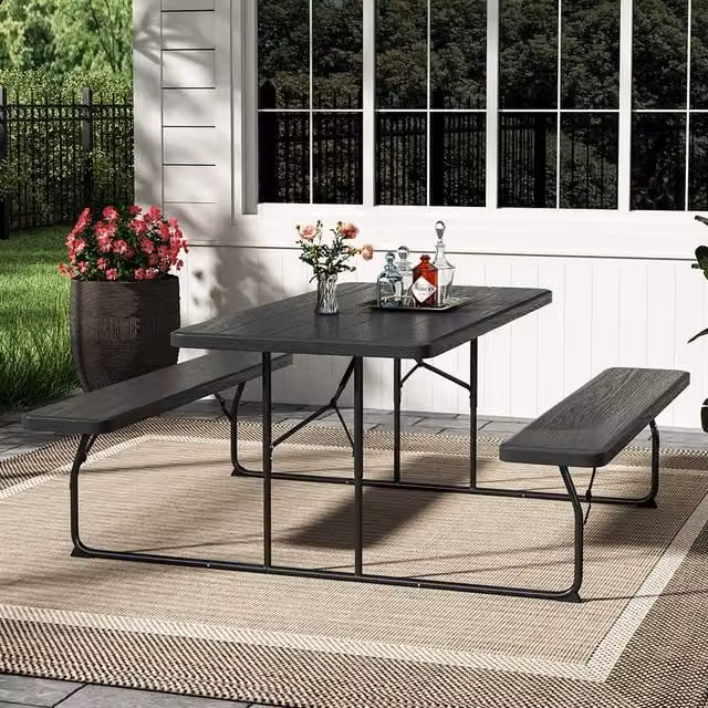 Livingandhome Foldable Picnic Table and Bench Set with Parasol Hole in Black