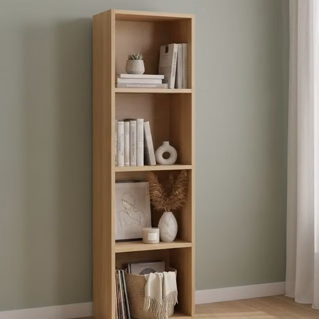 DEENZ Oak 4-Shelf Wooden Cubic Bookcase and Open Display Unit, H 106 x W 30.5 x D 24 cm