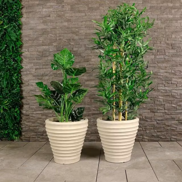 Charles Bentley Pair of Moroccan Round Stone Style Plastic Planters, Beige, W/D/H: 43 x 43 x 41 cm