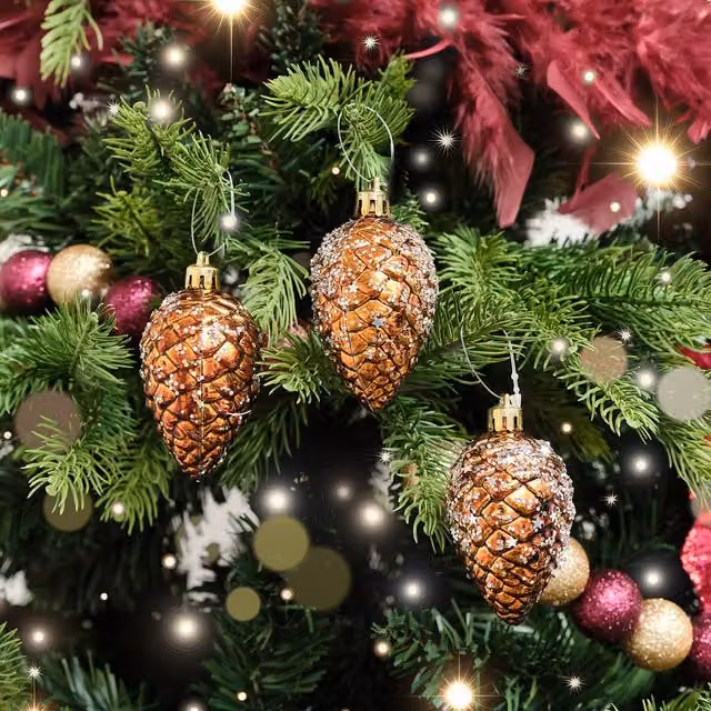 Melody Maison Set of 3 Gold and Bronze Sequin Pinecone Bauble Christmas Hanging Decorations, Diameter: 6.5 cm