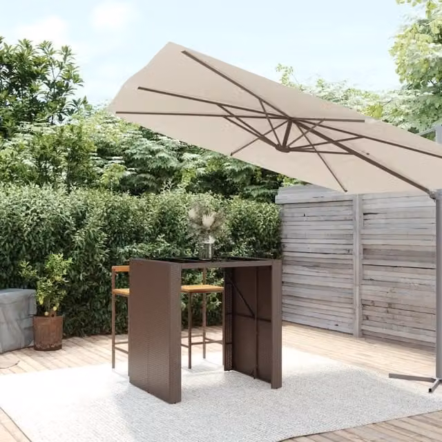 Berkfield Home Bar Table with Glass Top in Brown Poly Rattan, W/D/H: 105 x 80 x 110 cm – 1