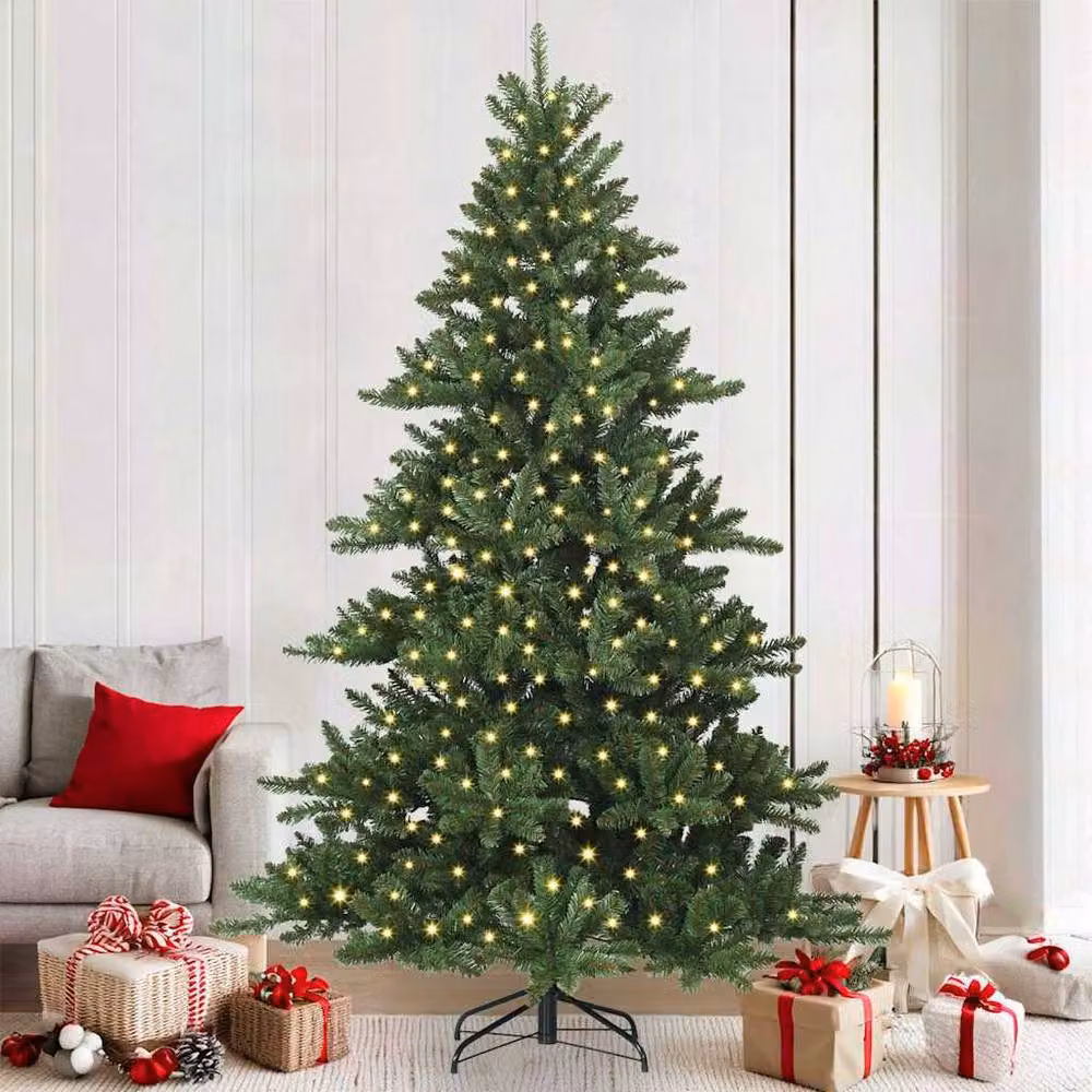 Berkfield Home Elegant Green Artificial Hinged PVC Christmas Tree with 300 Warm White LEDs, Height: 210 cm – 2