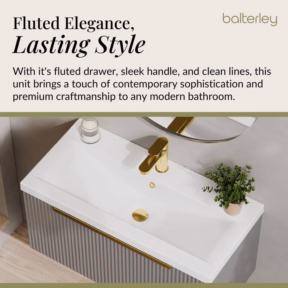 Balterley Fluted Front Wall Hung 1 Drawer Vanity Basin Unit, Satin Grey, W: 80 cm – 2