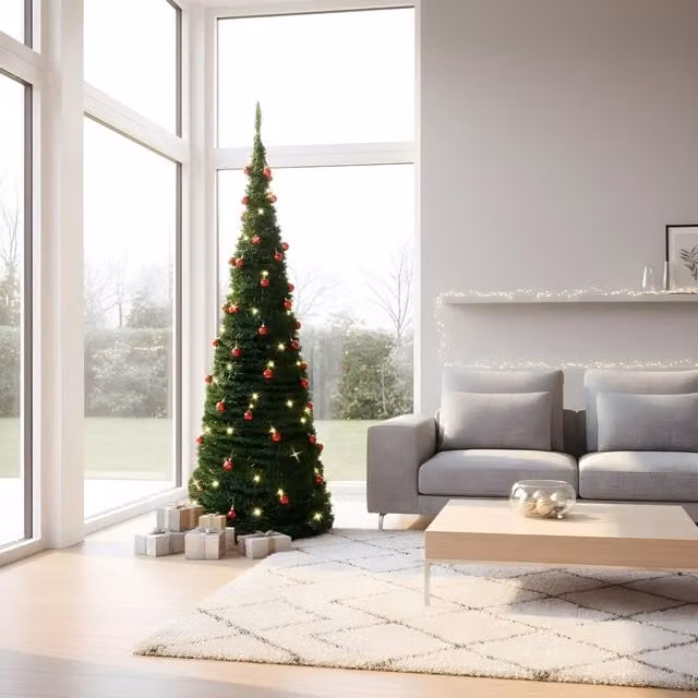 Shatchi 6ft Prelit Pop Up Christmas Tree with Red Baubles and Battery Operated LED Warm White Lights in Green, H: 180 cm, W: 70 cm, D: 35 cm