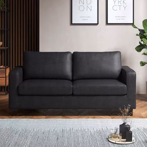 Furnishings For Less UK York 3 Piece Sofa Suite in Black Faux Leather, including 3 Seater Sofa, 2 Seater Sofa and Armchair – 2