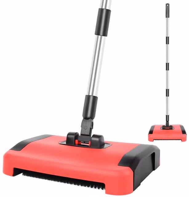 FLAVORA Manual Carpet Sweeper with Adjustable Telescopic Handle in Red