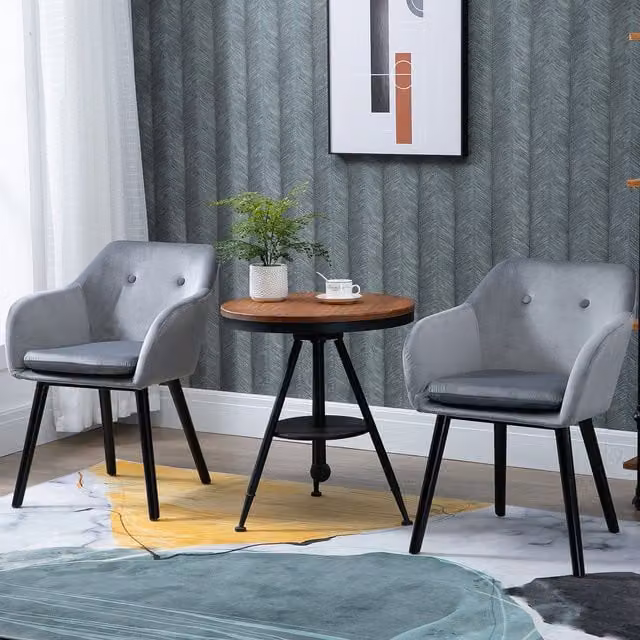 HOMCOM Set of 2 Modern Grey Upholstered Dining Chairs with Velvet Fabric and Metal and Wood Legs