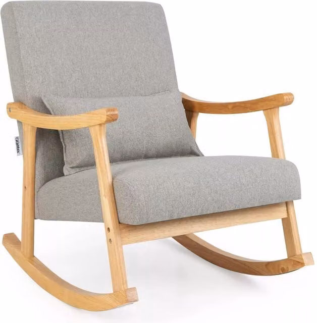 Costway Grey Upholstered Rocking Chair Recliner with Soft Cushion and Pillow and Solid Wood Frame