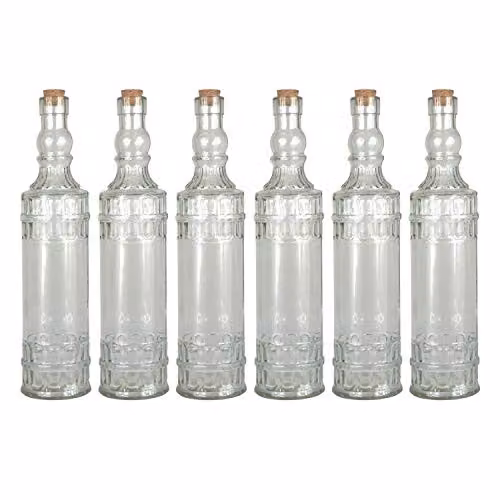 Simpa Set of 6 Vintage Round Glass Decanting Bottles with Cork Stoppers, 700 ml, Transparent
