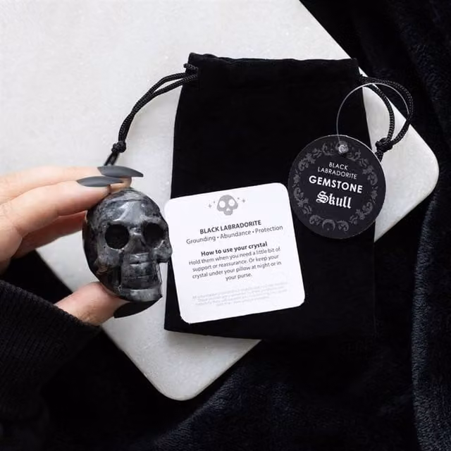 Uniqueful Black Labradorite Crystal Skull Stone Ornament in Black and Grey – 1