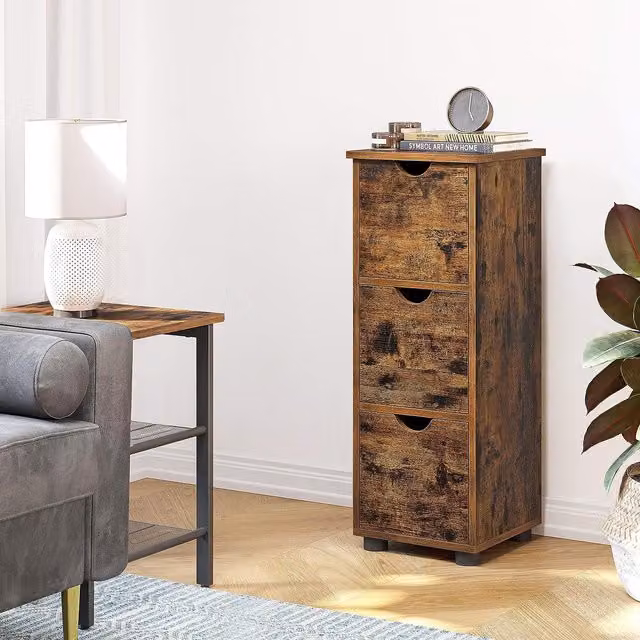 VASAGLE Rustic Brown Bathroom Storage Tower Cabinet with 3 Drawers