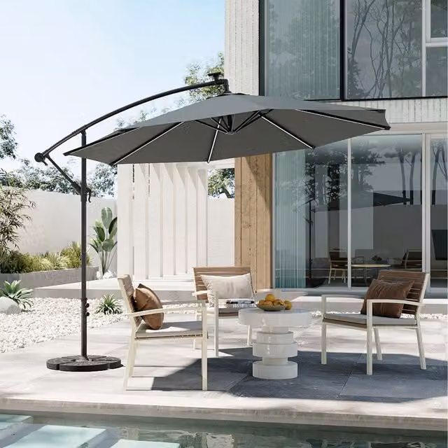 Komore Single-Topped Solar-Powered LED Cantilever Parasol in Grey Polyester and Metal
