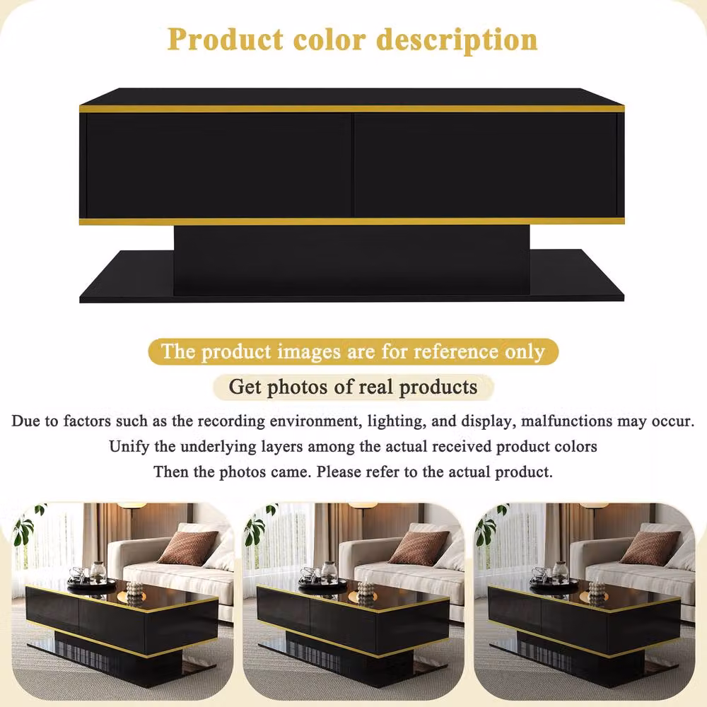 ModernLuxe High Gloss Rectangular Coffee Table with LED Lights and 3 Drawers in Black and Gold – 5