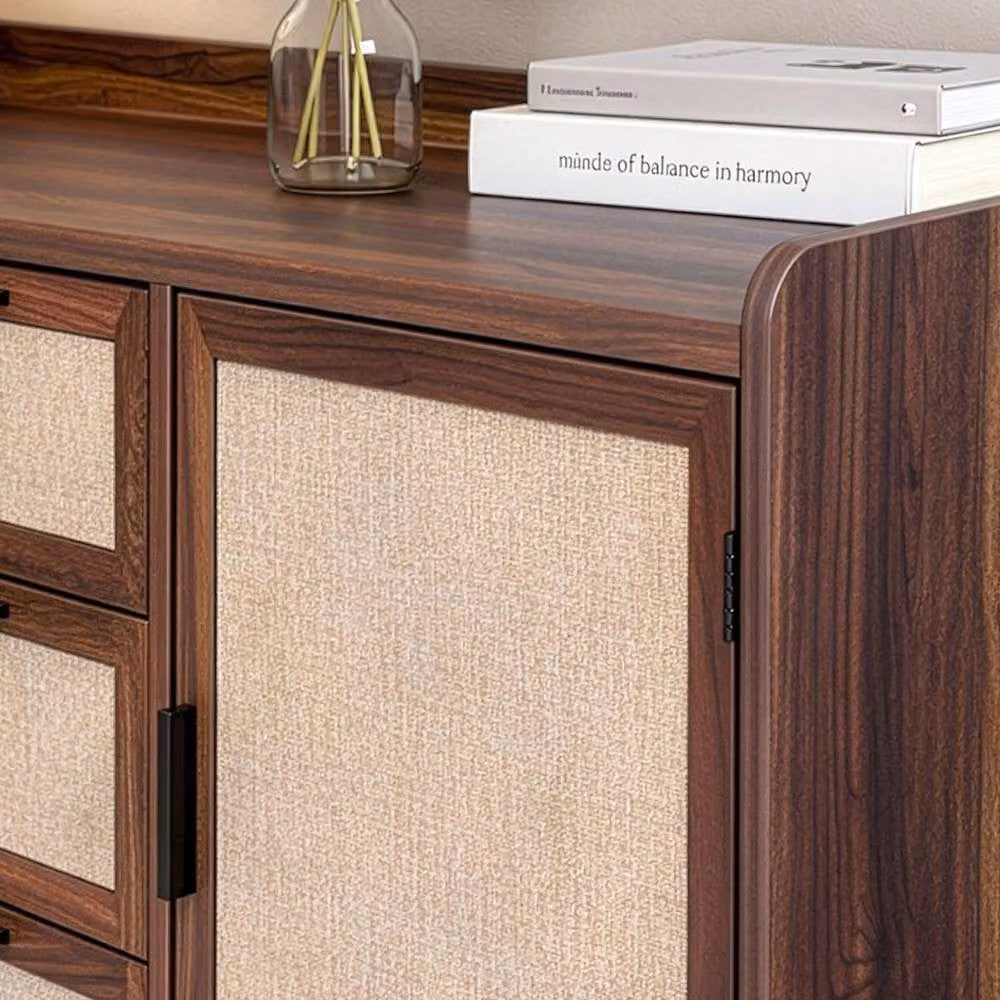 CALICOSY Jetson 2-Door 3-Drawer Sideboard in Walnut Finish with Fabric Fronts, Dark Brown – 5