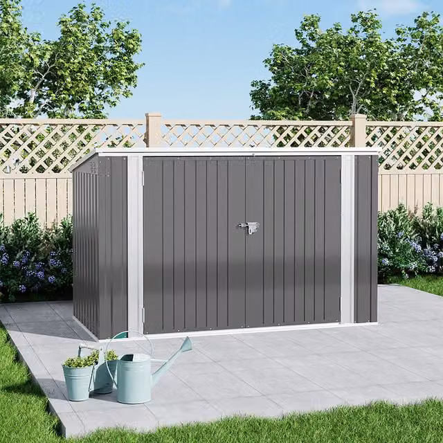 Lifeideas Grey Metal Garden Storage Shed with Double Doors and Hinged Lid, W: 207.26 cm, D: 103.63 cm, H: 216 cm