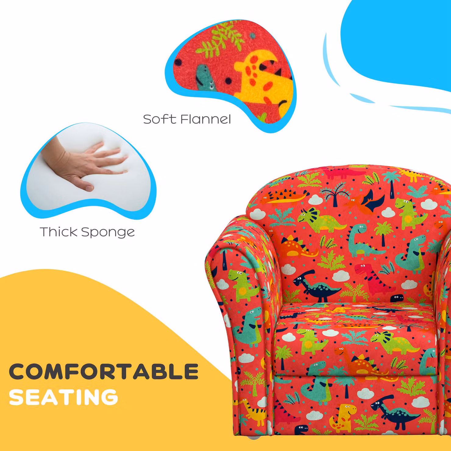 AIYAPLAY Kids Armchair with Dinosaur Design, Red Fabric and Solid Wood Frame – 5