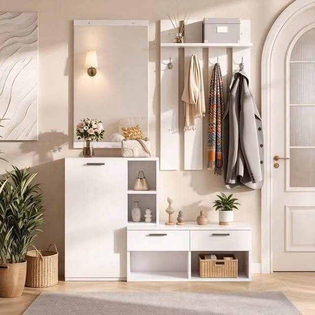 Matteo Minimalist White Hallway Furniture Set with Mirror, Shoe Cabinet and Bench – 1