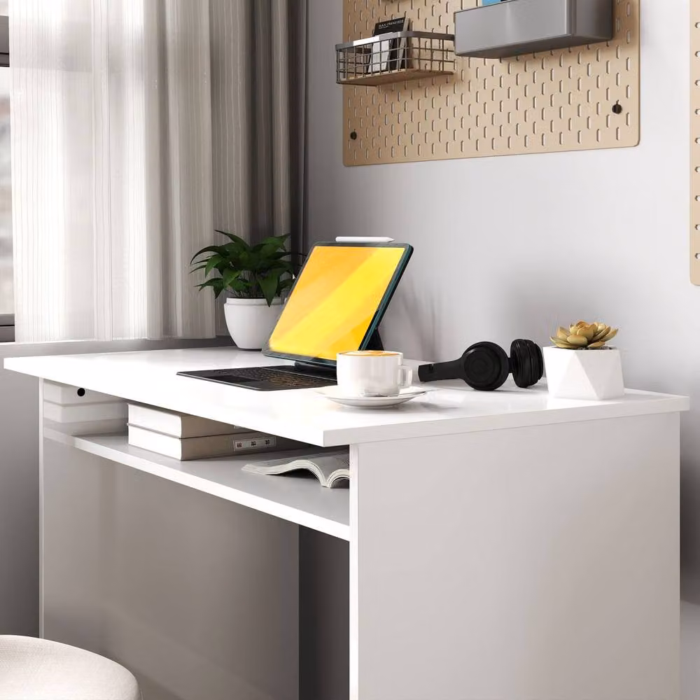 Wyld Haus Selu Compact Writing Desk with Storage Shelf, High Gloss White, Height: 90 cm – 6