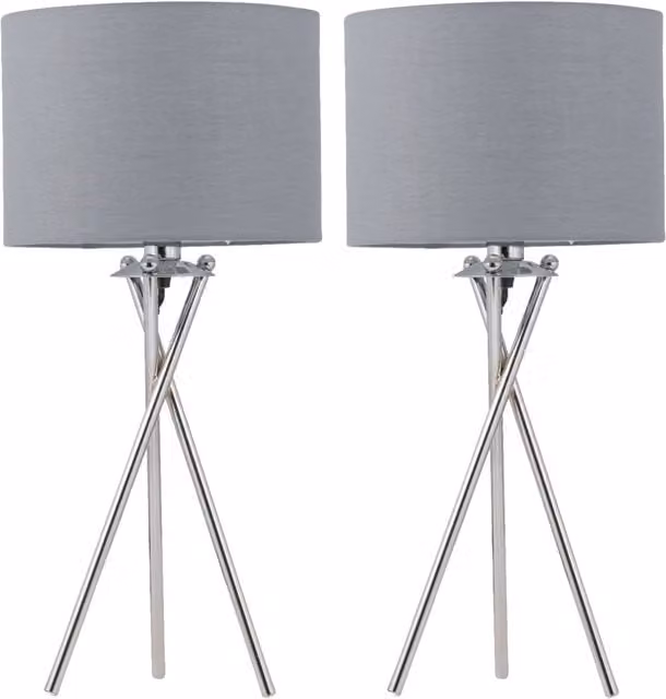 First Choice Lighting Set of 2 Chrome Tripod Table Lamps with Grey Fabric Cylinder Shades – 1