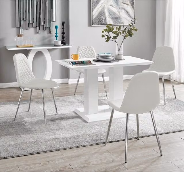 FurnitureboxUK Imperia 4 Modern White High Gloss Rectangular Dining Table and 4 Corona Silver Chairs Set