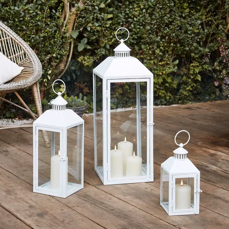 Lights4fun Perth White Metal Garden Lantern Trio with TruGlow LED Candles