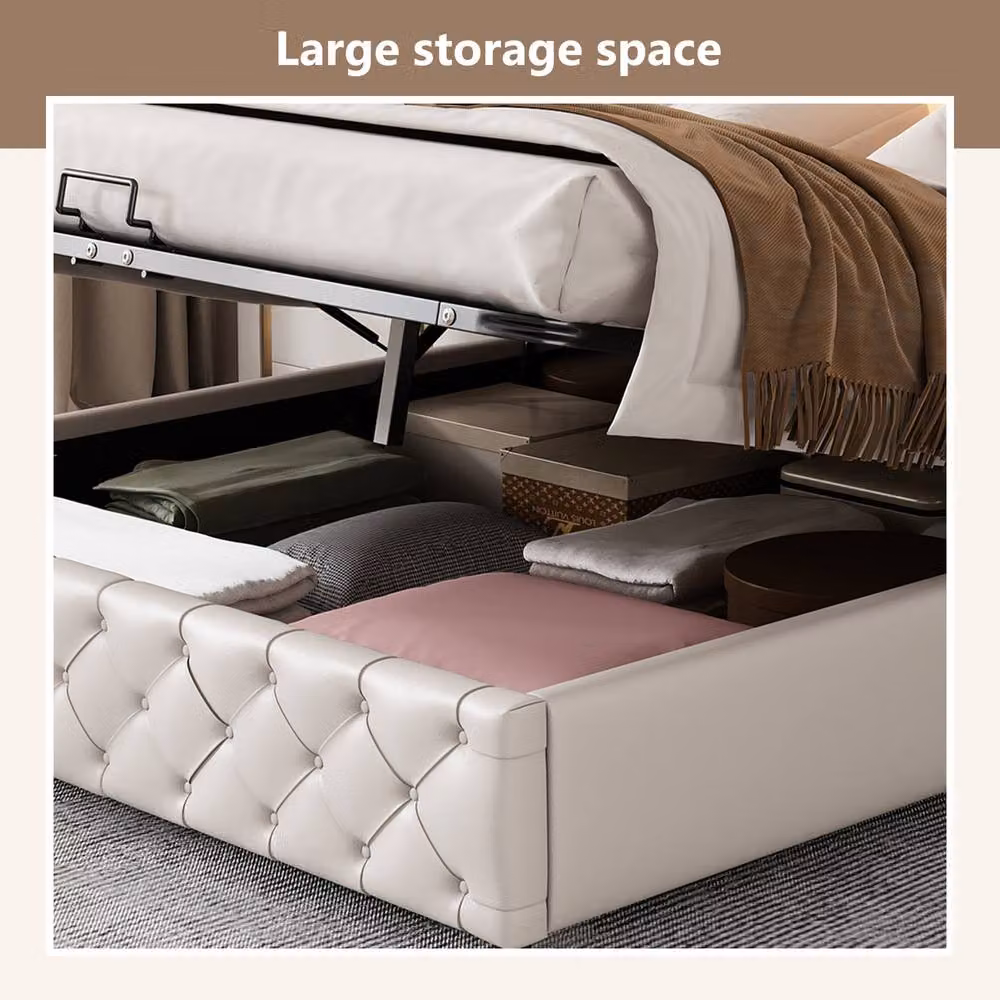 Rolipo White PU Upholstered Double Ottoman Bed with LED Headboard, W/D/H: 150 x 200 cm – 7