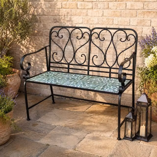 Shatchi Leaf Mosaic 2 Seater Garden Bench with Black Metal Frame and Floral Mediterranean Tile Seat
