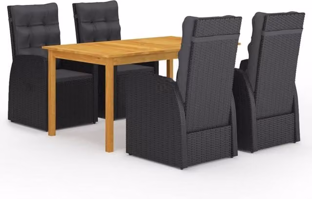 Berkfield Home 5 Piece Black Poly Rattan Garden Dining Set with Acacia Wood Table