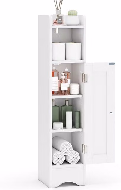 Gymax White Corner Bathroom Cabinet with Hinged Doors and Internal Shelves