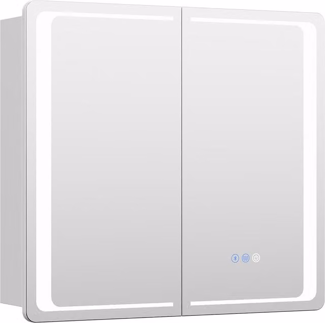 Livingandhome Modern Silver Double Door Bathroom Mirror Cabinet with LED Lighting and Anti-Fog Feature