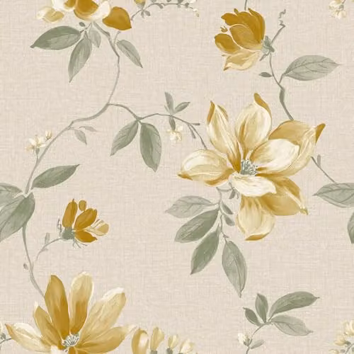 Grandeco Adeline Traditional Floral Botanical Textured Wallpaper, Yellow and Beige