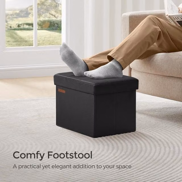 SONGMICS Small Cube Foldable Storage Ottoman and Foot Rest in Black Synthetic Leather – 1
