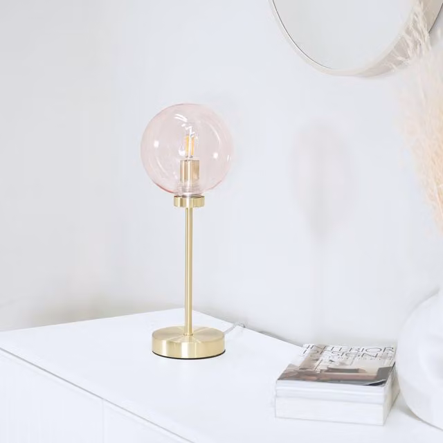 Frenchie Pink Tinted Glass Globe Table Lamp with Gold Stem