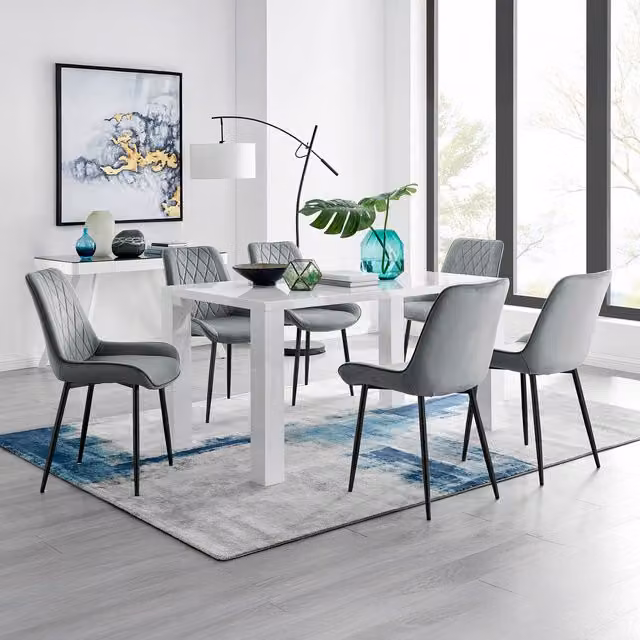 FurnitureboxUK Pivero White Rectangular Dining Table and 6 Pesaro Black Leg Chairs in Grey