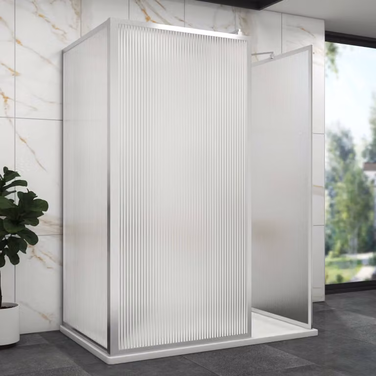 Luxor 3 Sided Walk In Fluted Shower Enclosure with Acrylic Tray and Chrome Frame, W/D: 1700 x 760 mm, 8mm Easy Clean Glass, Silver and Transparent