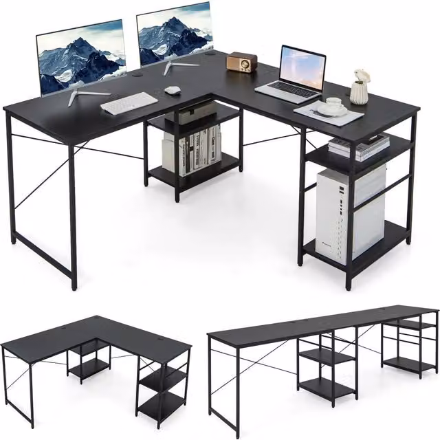 Costway L-Shaped Corner Computer Desk with Storage Shelf in Black – 1