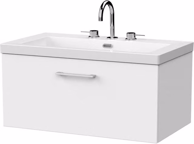 Balterley Pershall Wall Mounted 1 Drawer Vanity Unit and 3TH Fireclay Basin, Matt White, Width: 80 cm